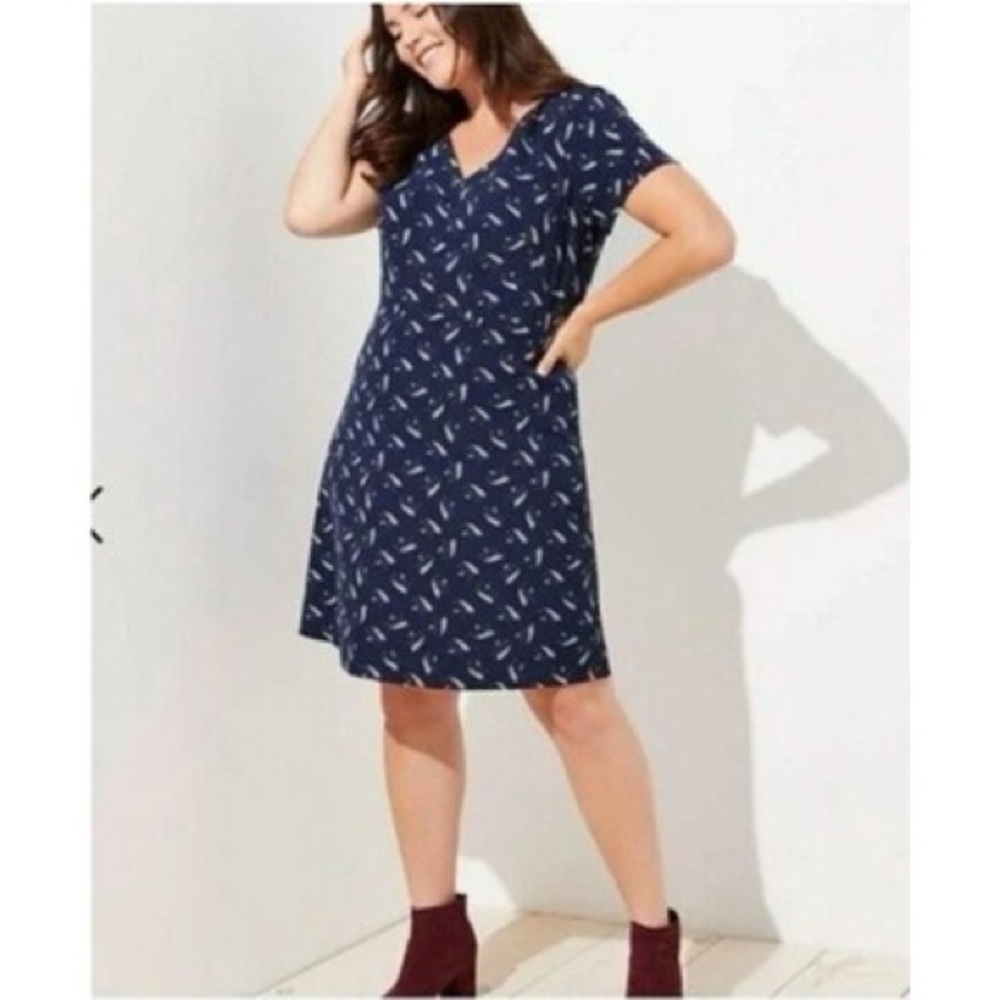 Loft V Neck Navy Feather Printed Dress